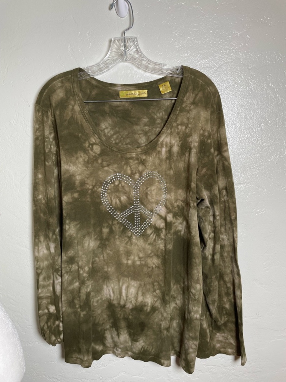 Weatherproof Women's Olive Tie-Dye Long Sleeve Top Rhinestone Heart Sz: XXL